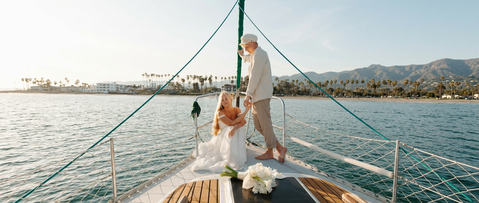 Bride seated on the bow of a sailboat at golden hour with her bouquet