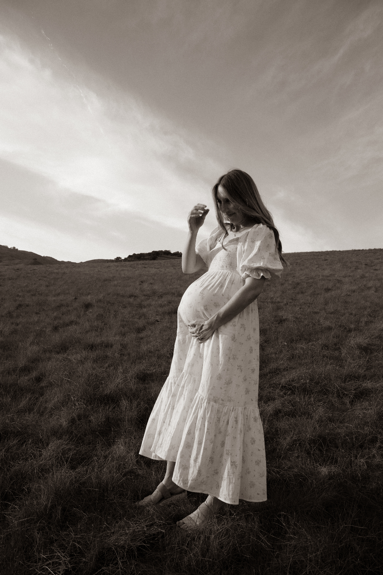 Black and white maternity portrait in a meadow at dusk